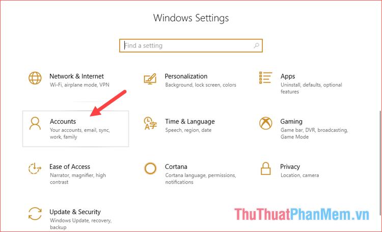 Trong cửa sổ Setting chọn mục Accounts