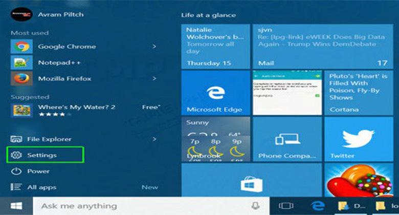 Cách khắc phục máy tính không nhận ổ cứng do BIOS thiết lập sai chế độ trước tiên chọn "Start Menu", tìm và click chọn "Settings"