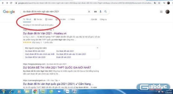 Kết quả dự đoán đề thi môn Ngữ văn trên Google. (Ảnh chụp màn hình)