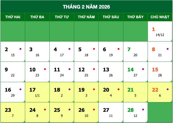 Lịch tháng 2 năm 2026. (Ảnh chụp màn hình từ trang web xemlicham.com)