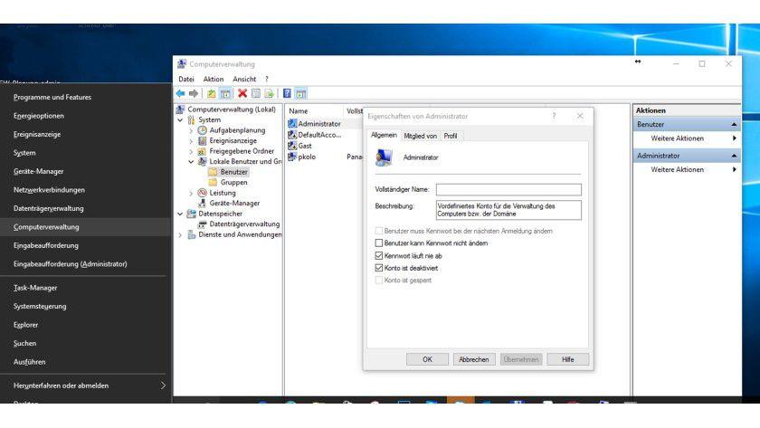 In der Computerverwaltung kann unter Windows 10 Pro das Administrator-Konto aktiviert werden