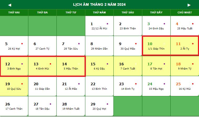 lịch nghỉ tết 2024