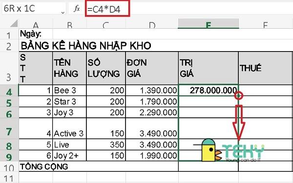 Copy công thức trong Excek bằng cách kéo cột dọc