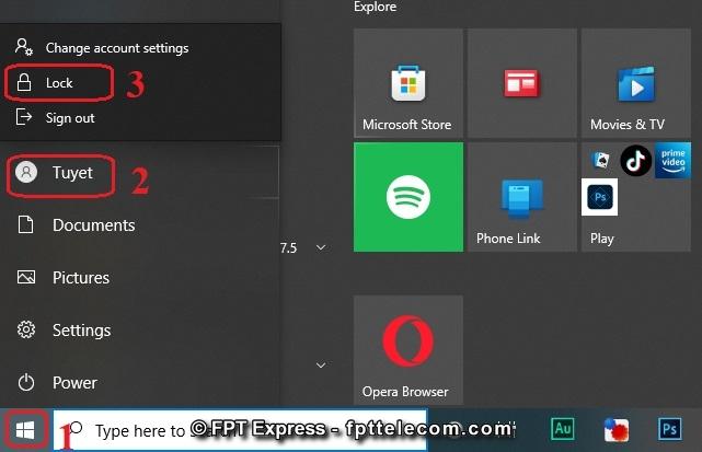 Cách khóa màn hình máy tính thông qua menu Start