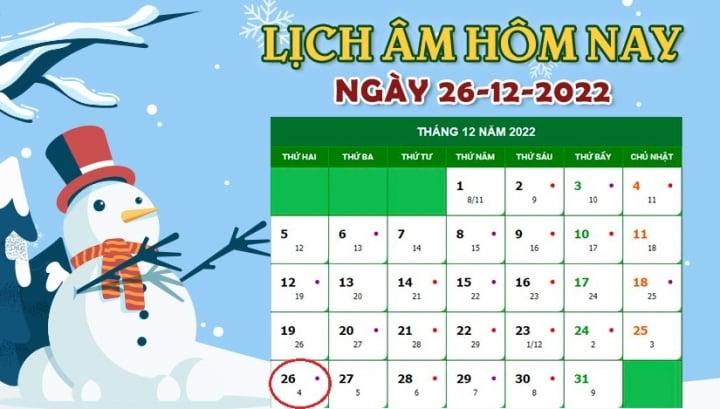 Lịch âm 26/12 - Tra cứu lịch âm hôm nay thứ 2 ngày 26/12/2022 - 1