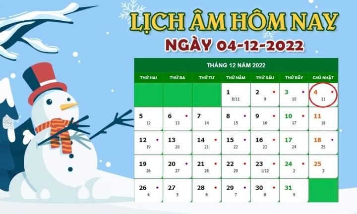 Lịch âm 4/12 - tra cứu lịch âm hôm nay chủ nhật ngày 4/12/2022