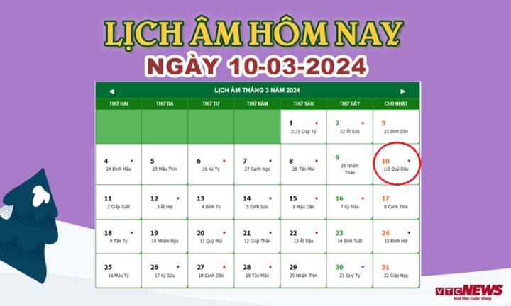 Xem lịch âm hôm nay ngày 10/3/2024.