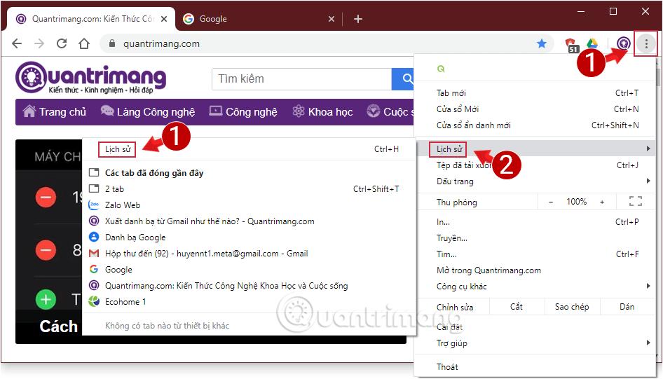 Mở lịch sử duyệt web trên trình duyệt Google Chrome