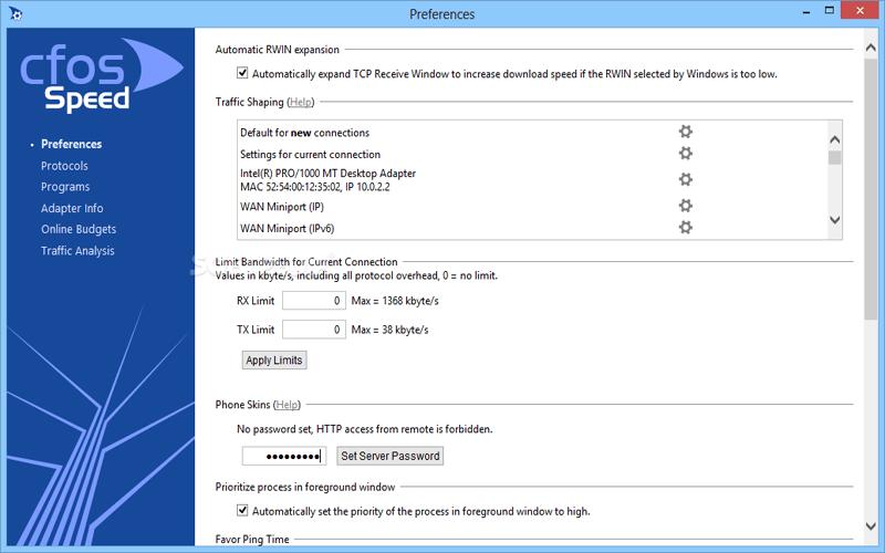 Settings của cFosSpeed 9.04