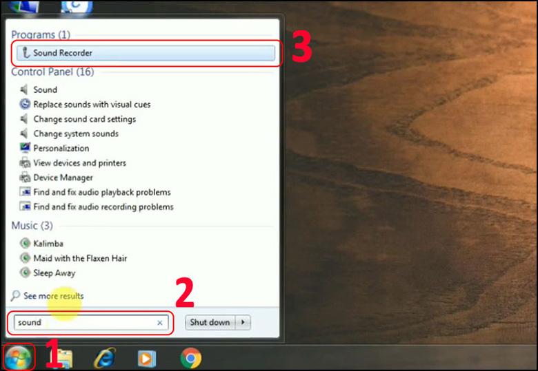 Cách thu âm bằng laptop trực tiếp trên Windows vào "Start" > Gõ tìm kiếm "sound recorder" > Chọn "Sound Recorder"