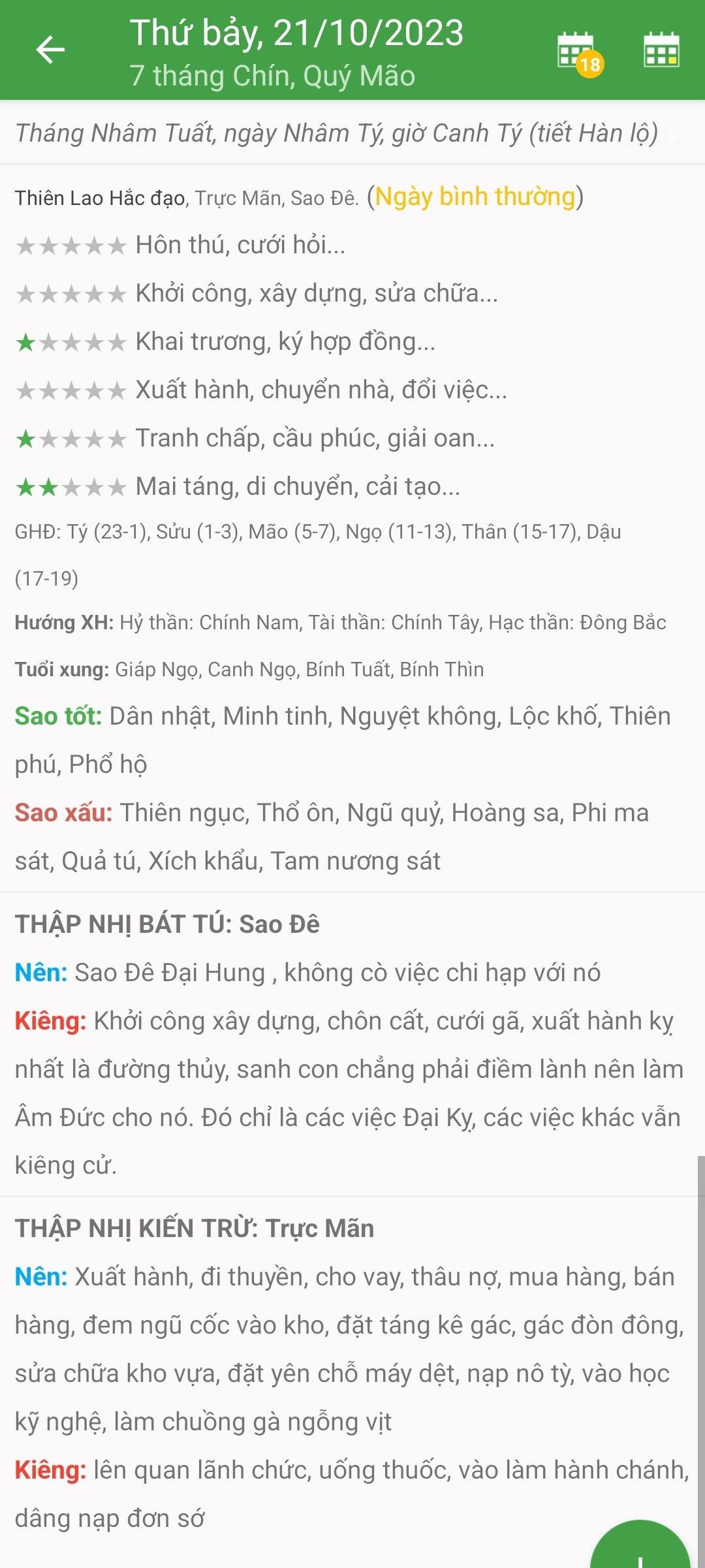 Lịch âm 21/10 – Âm lịch hôm nay thứ Bảy ngày 21/10 chính xác nhất