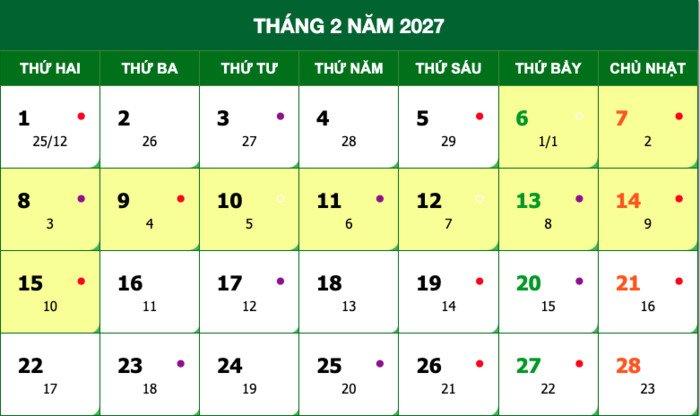 Lịch tháng 2 năm 2027. (Ảnh chụp màn hình từ trang web xemlicham.com)