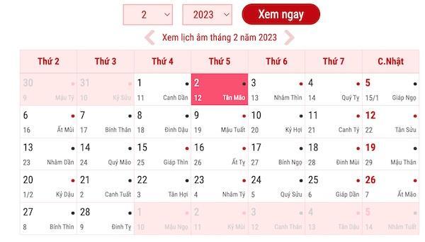Tháng 2 có bao nhiêu ngày theo lịch âm, lịch dương 2023
