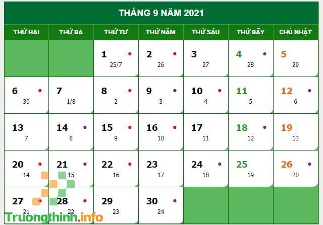  Tháng 9 năm 2021 Âm lịch, Dương lịch có bao nhiêu ngày?