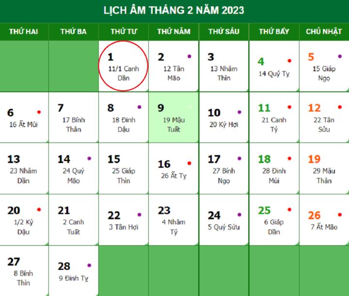 Lịch âm 1/2 - Tra cứu lịch âm hôm nay thứ Tư ngày 1/2/2023