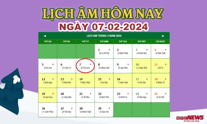 Xem lịch âm hôm nay ngày 7/2/2024.