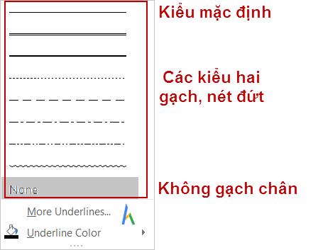 Thao tác chọn kiểu gạch chân trong chức năng Underline