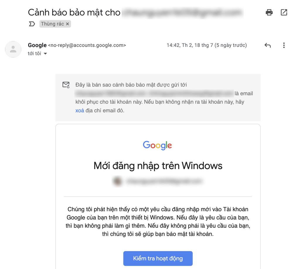 Google sẽ gửi cảnh báo nếu phát hiện ai đó cố gắng xâm nhập tài khoản. Ảnh: MINH HOÀNG